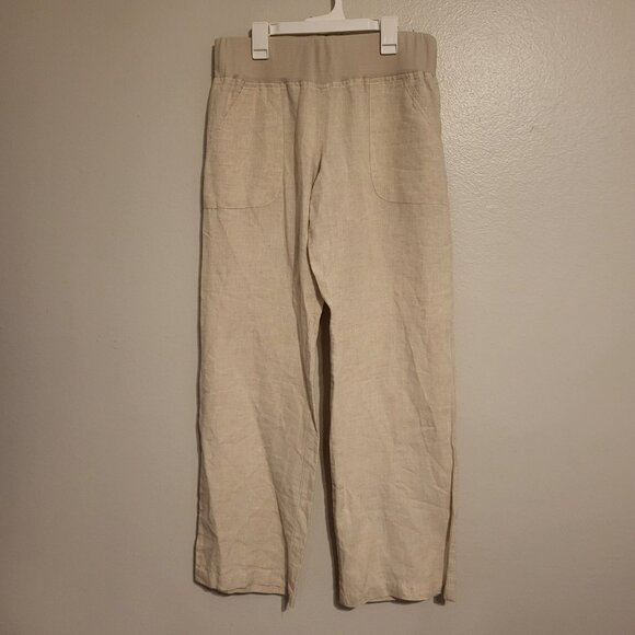 ALLEN ALLEN elastic stretch waist lightweight linen wide leg pants Medium Beige - Picture 1 of 9